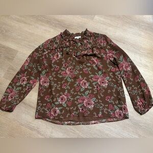 Pleione Brown Top with Pink Floral Design
